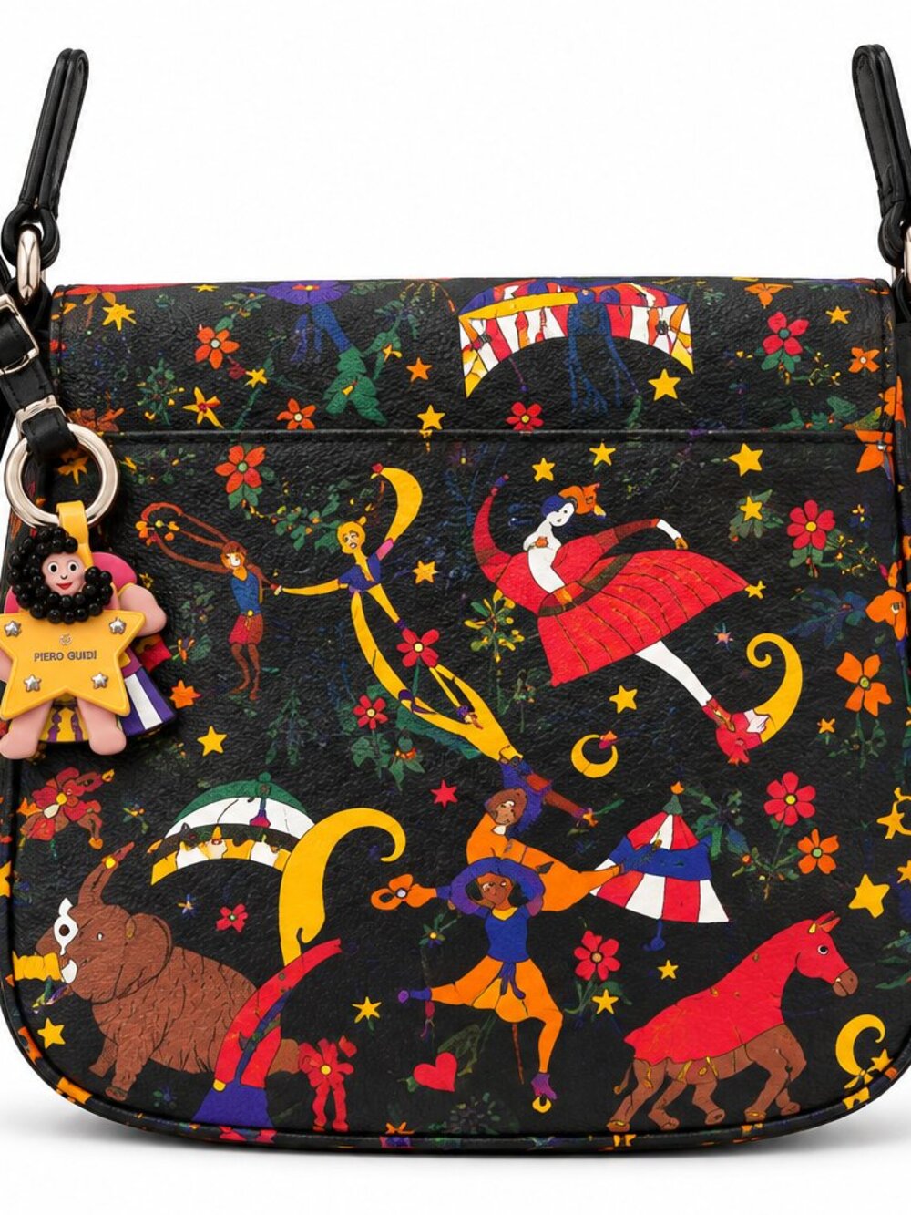 Vintage Piero Guidi Magic Circus Flap Crossbody Saddle Bag Black Leather